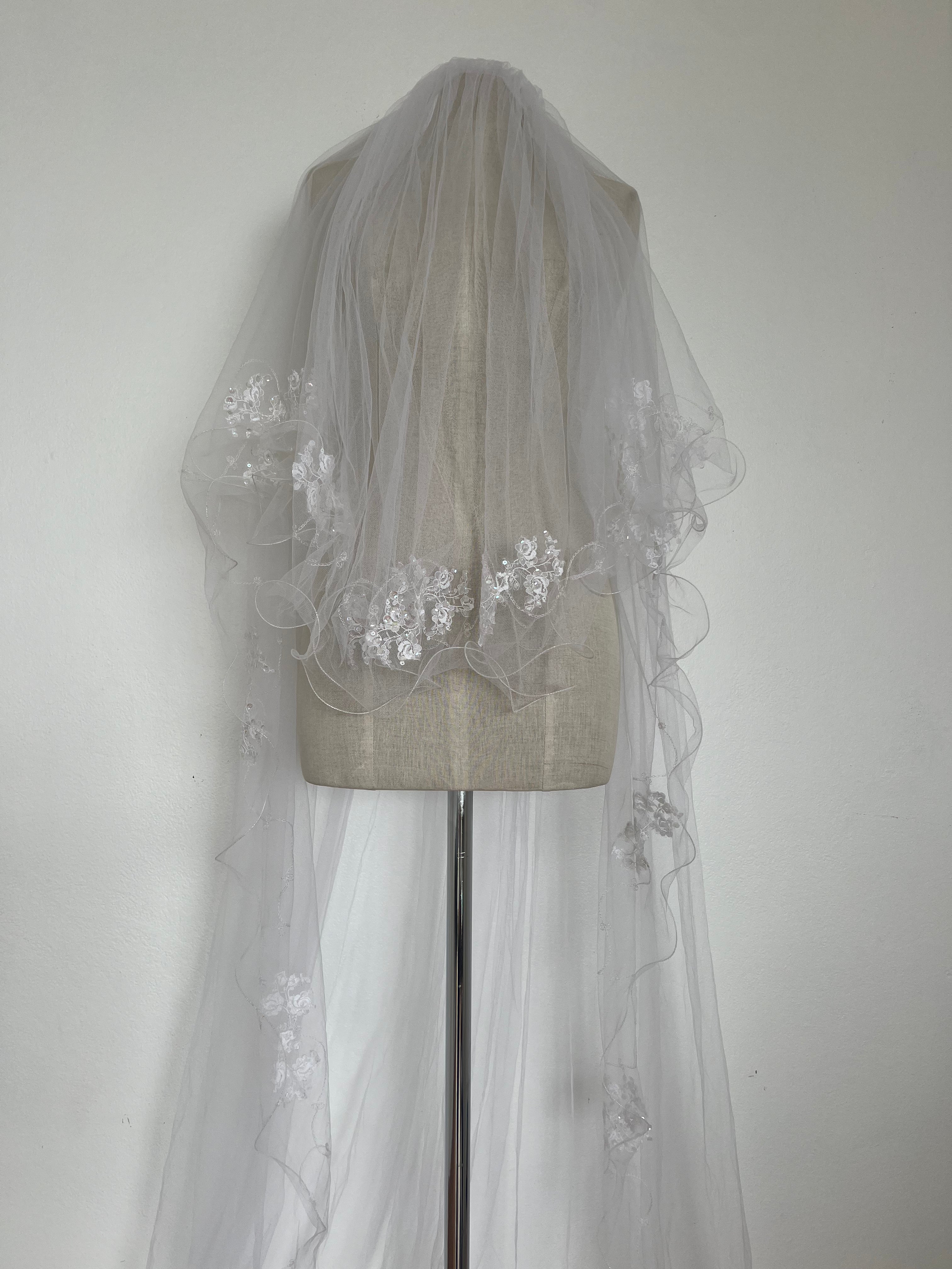 1980s Embroidered Cathedral Veil with Blusher