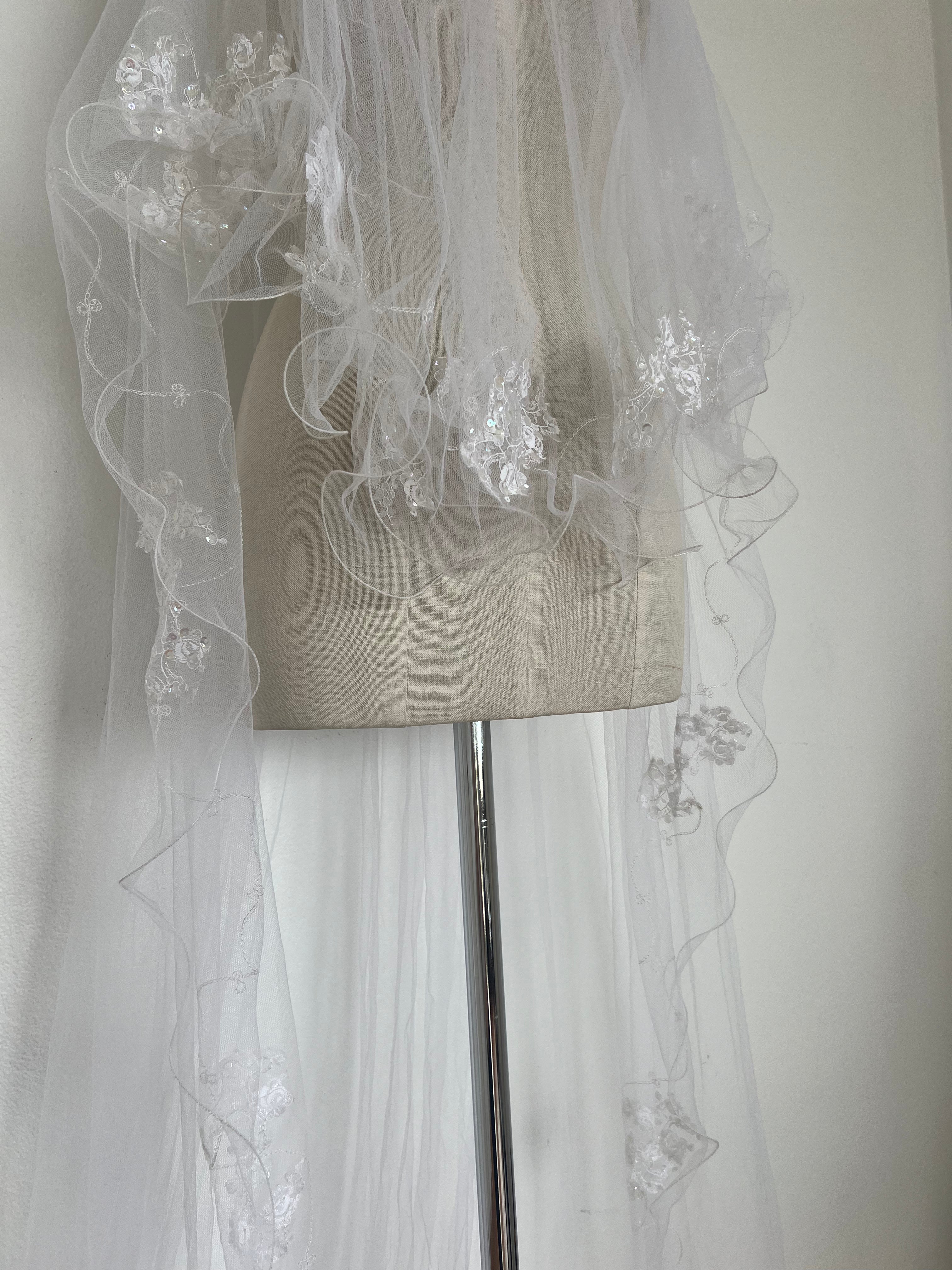 1980s Embroidered Cathedral Veil with Blusher