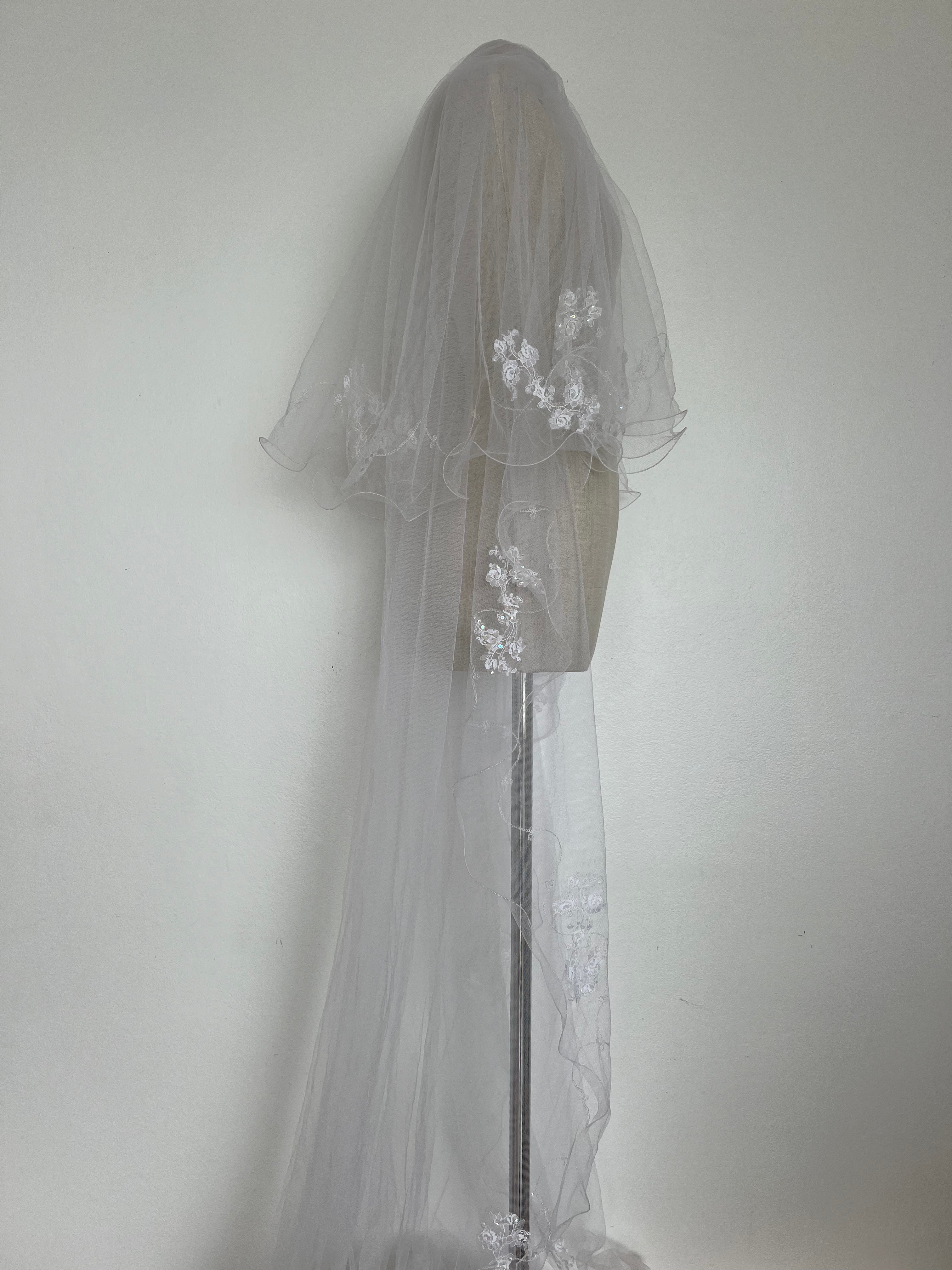 1980s Embroidered Cathedral Veil with Blusher