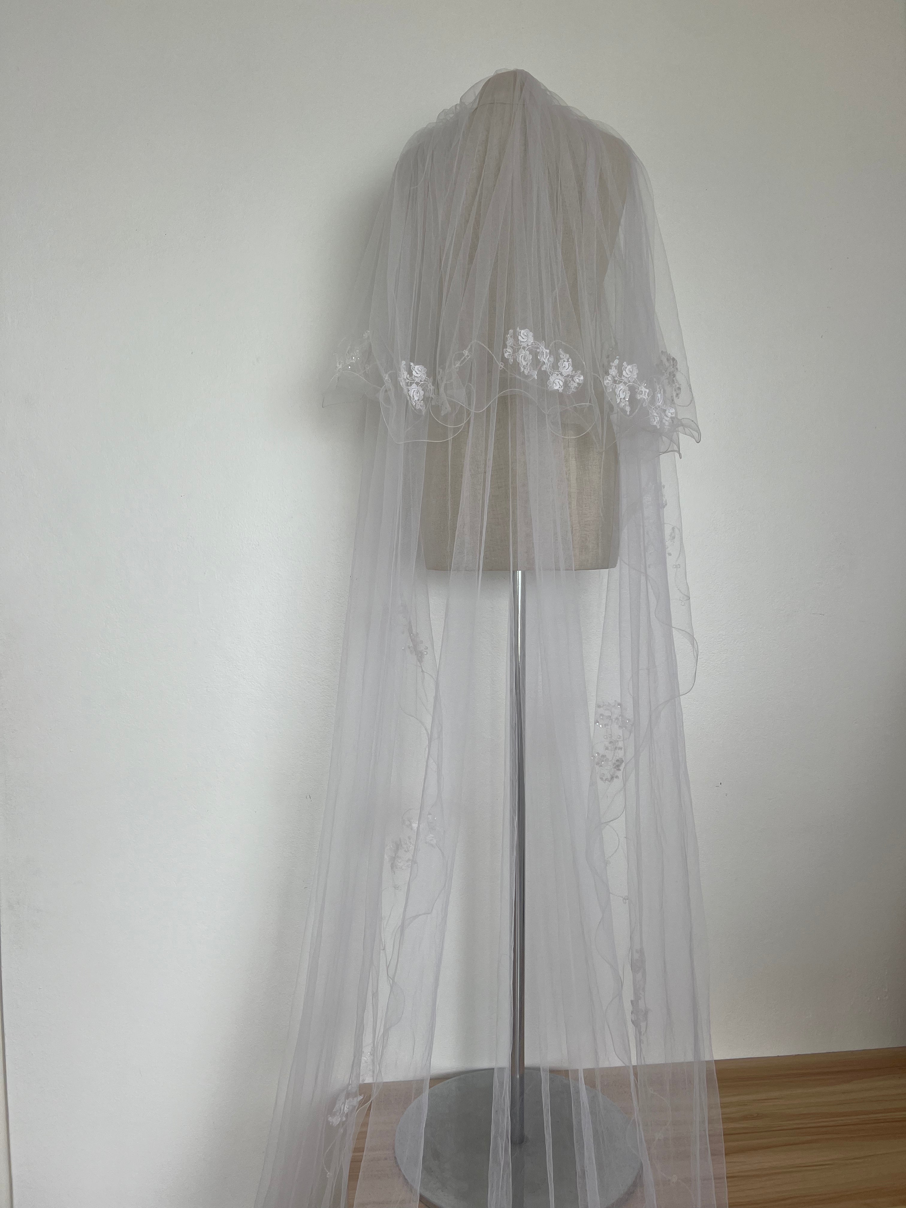 1980s Embroidered Cathedral Veil with Blusher