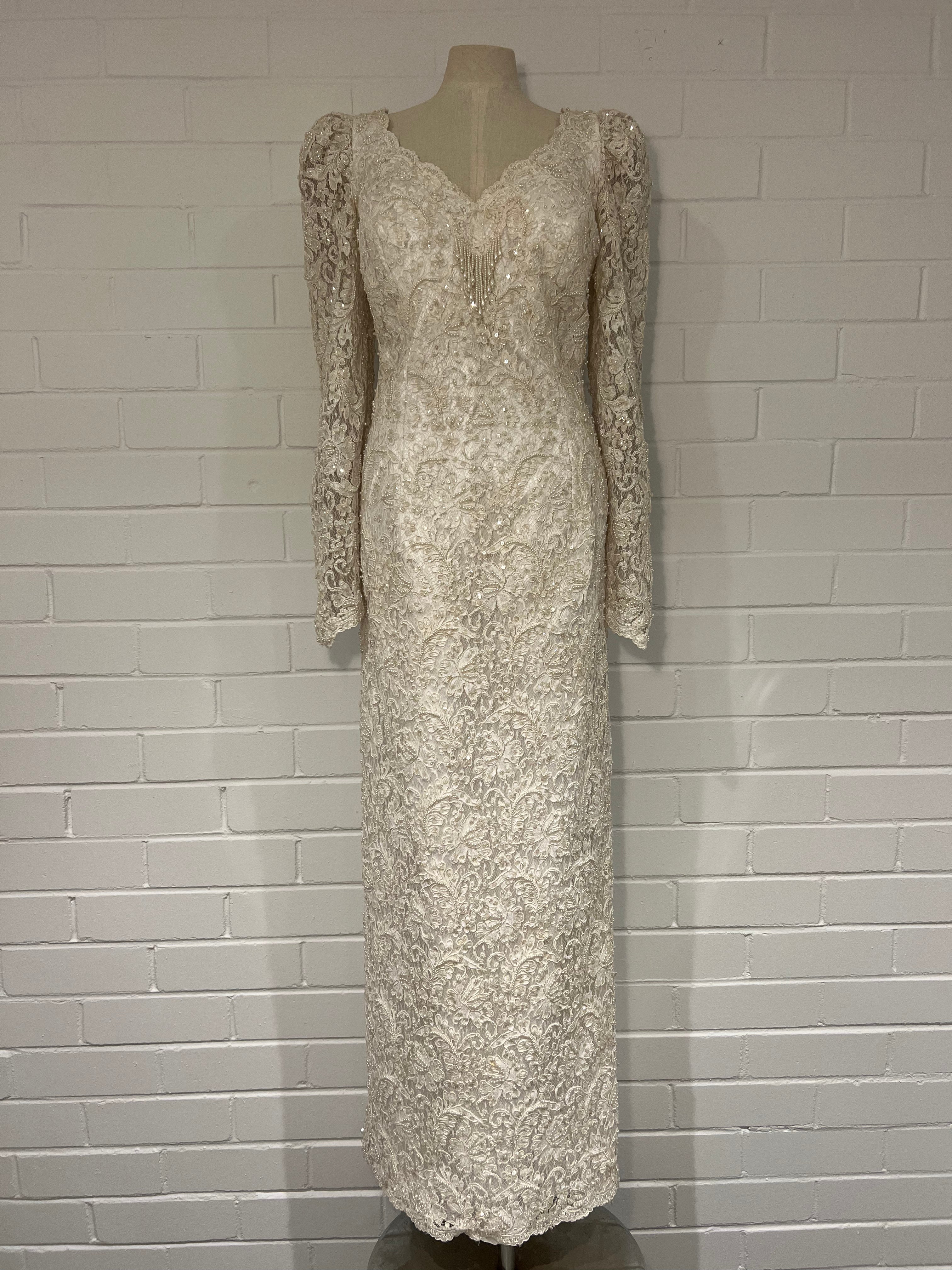 1990s Beaded Lace V Neck Column Dress