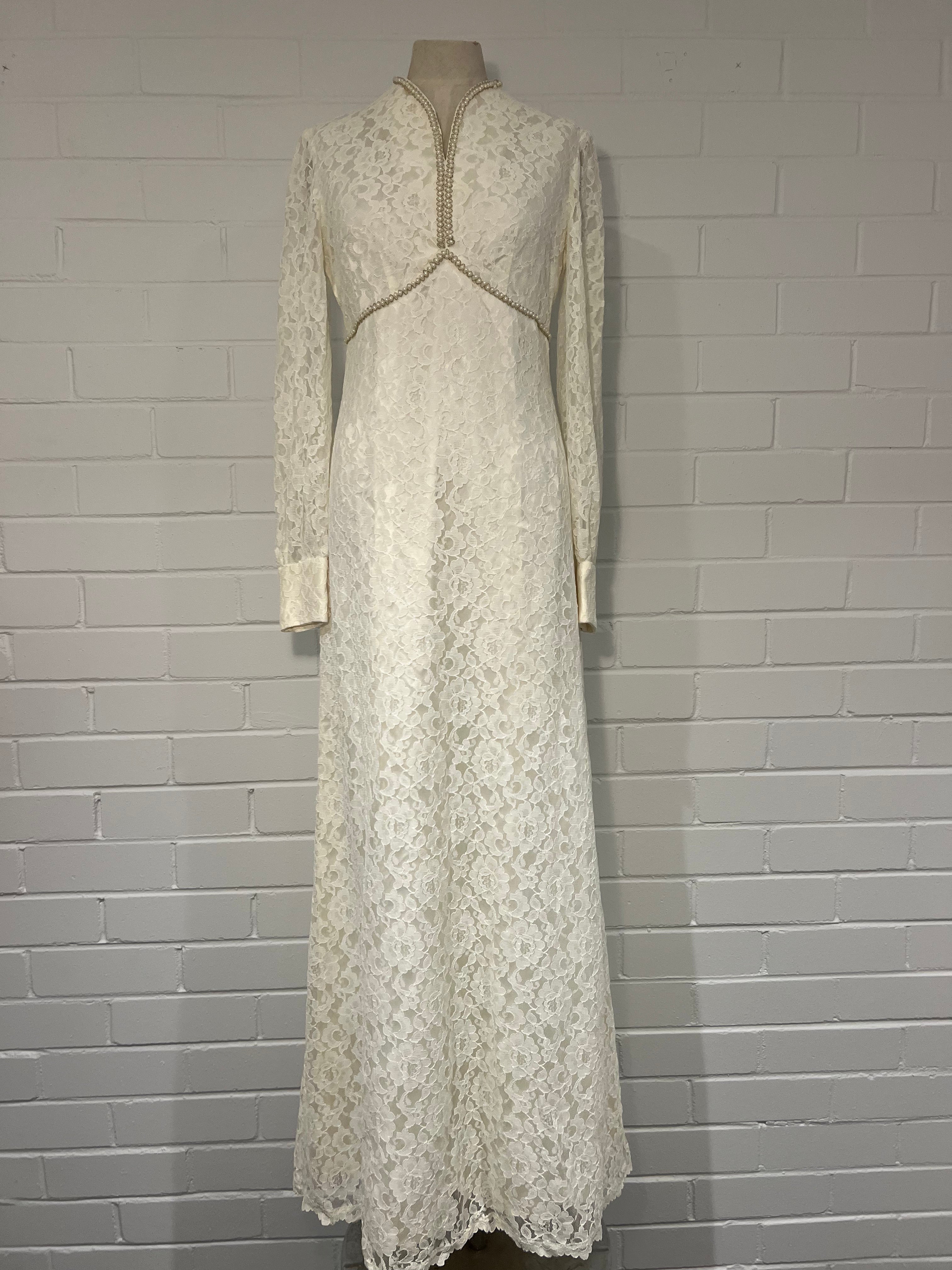 1970s Lace Pearl Detail Column Dress