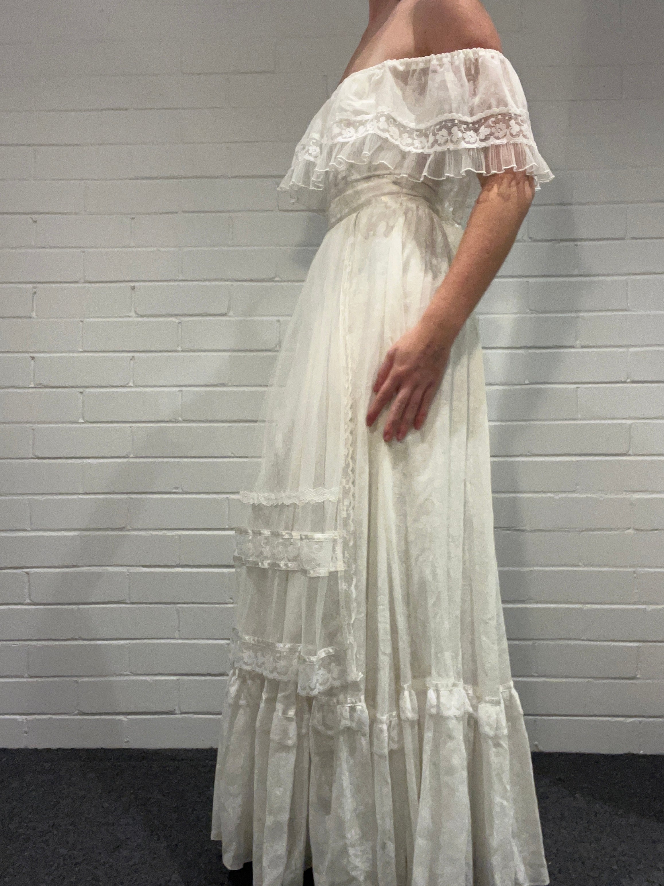 1970s Gunne Sax Off The Shoulder Lace Dress