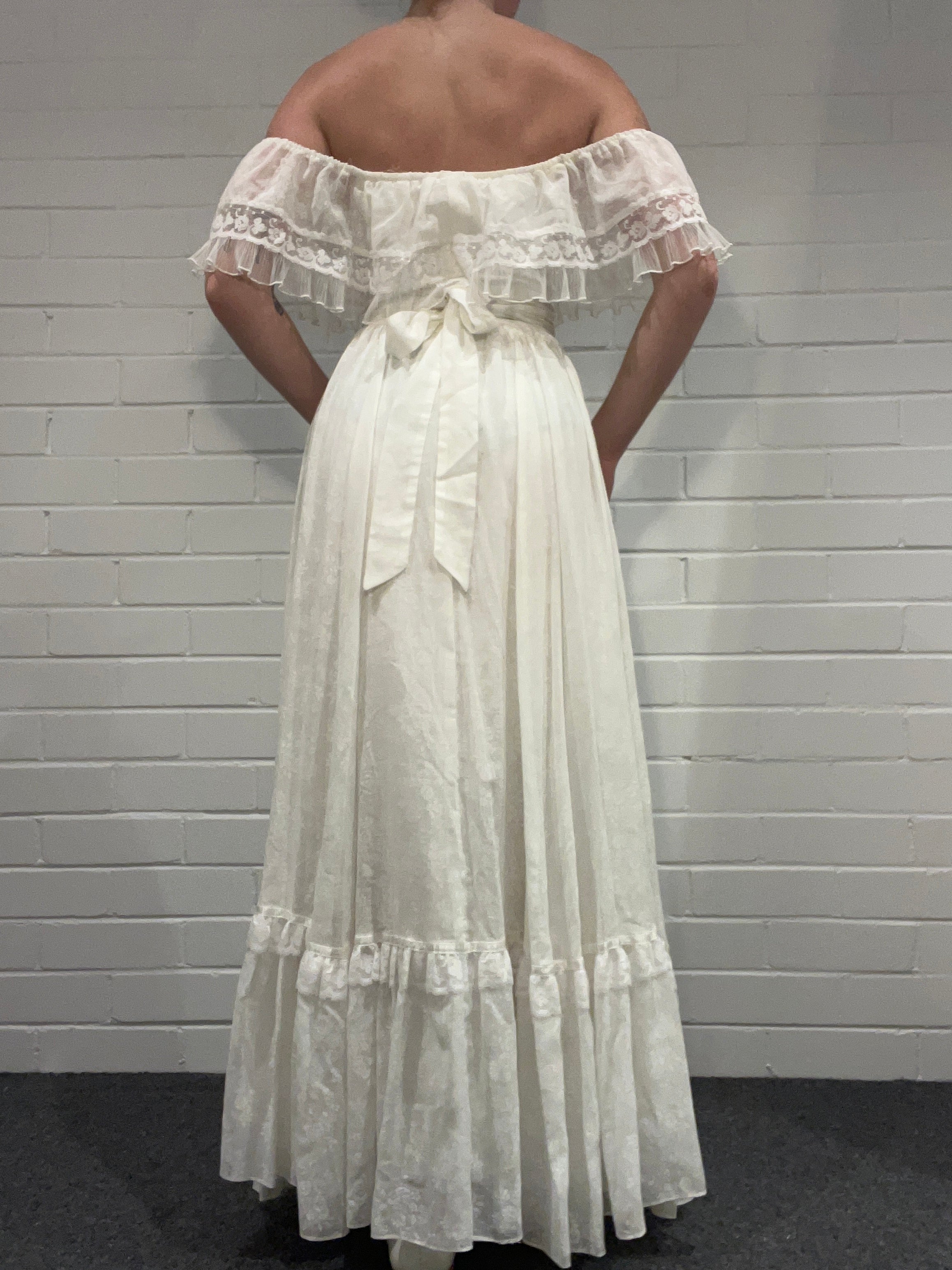 1970s Gunne Sax Off The Shoulder Lace Dress